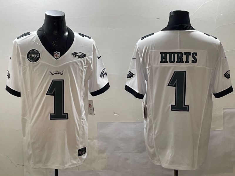 Men Philadelphia Eagles #1 Hurts White three generations 2025 Nike Vapor Limited NFL Jersey style 5